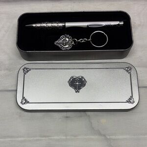 Silver Pen and Cross Keychain Set in Gift Tin